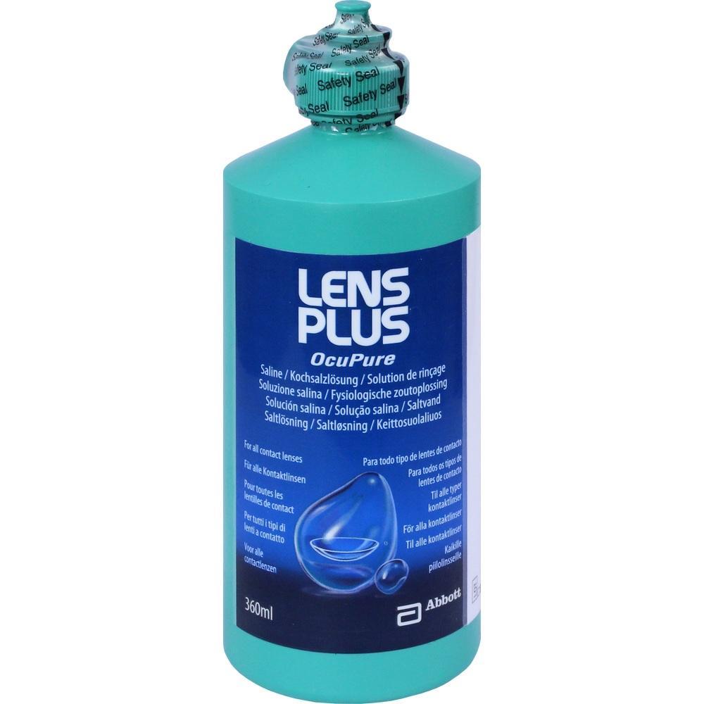 Eine grüne Flasche Kochsalzlösung für Kontaktlinsen mit blauem Etikett und Sicherheitsverschluss.